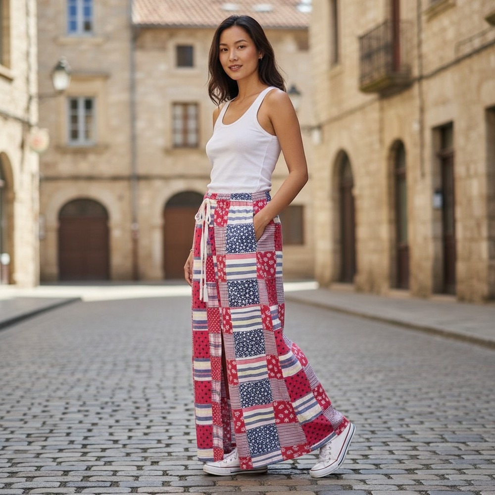 Kaantha Karma NWOT SZXL Patchwork Quilted Wide Leg Pants  Multicolor Handcrafted